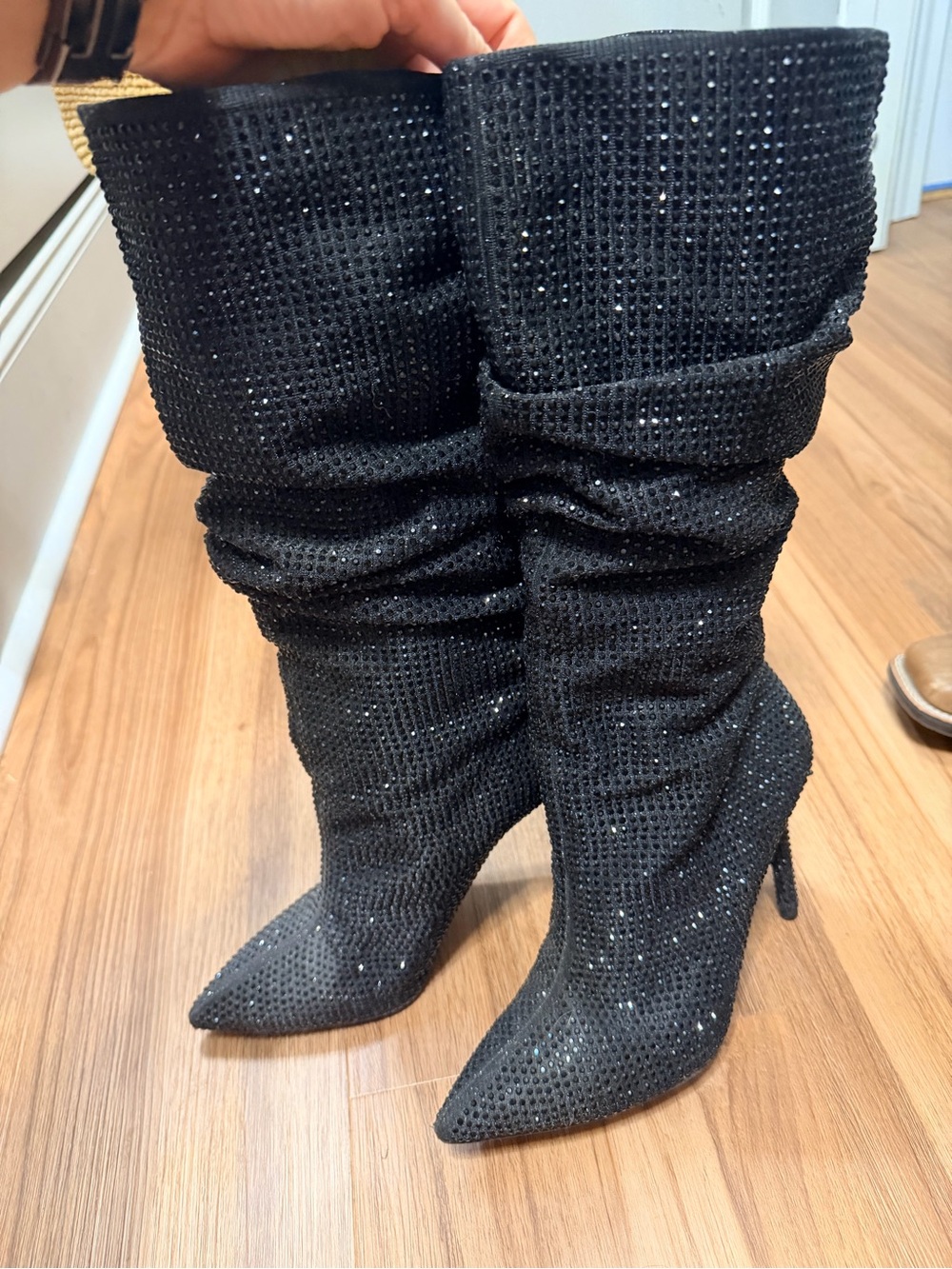 Jessica Simpson Black Crystal Slouchy Pointed-Toe Heeled Boots